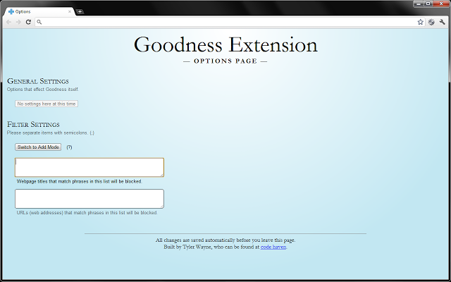 Screenshot of Goodness's options page