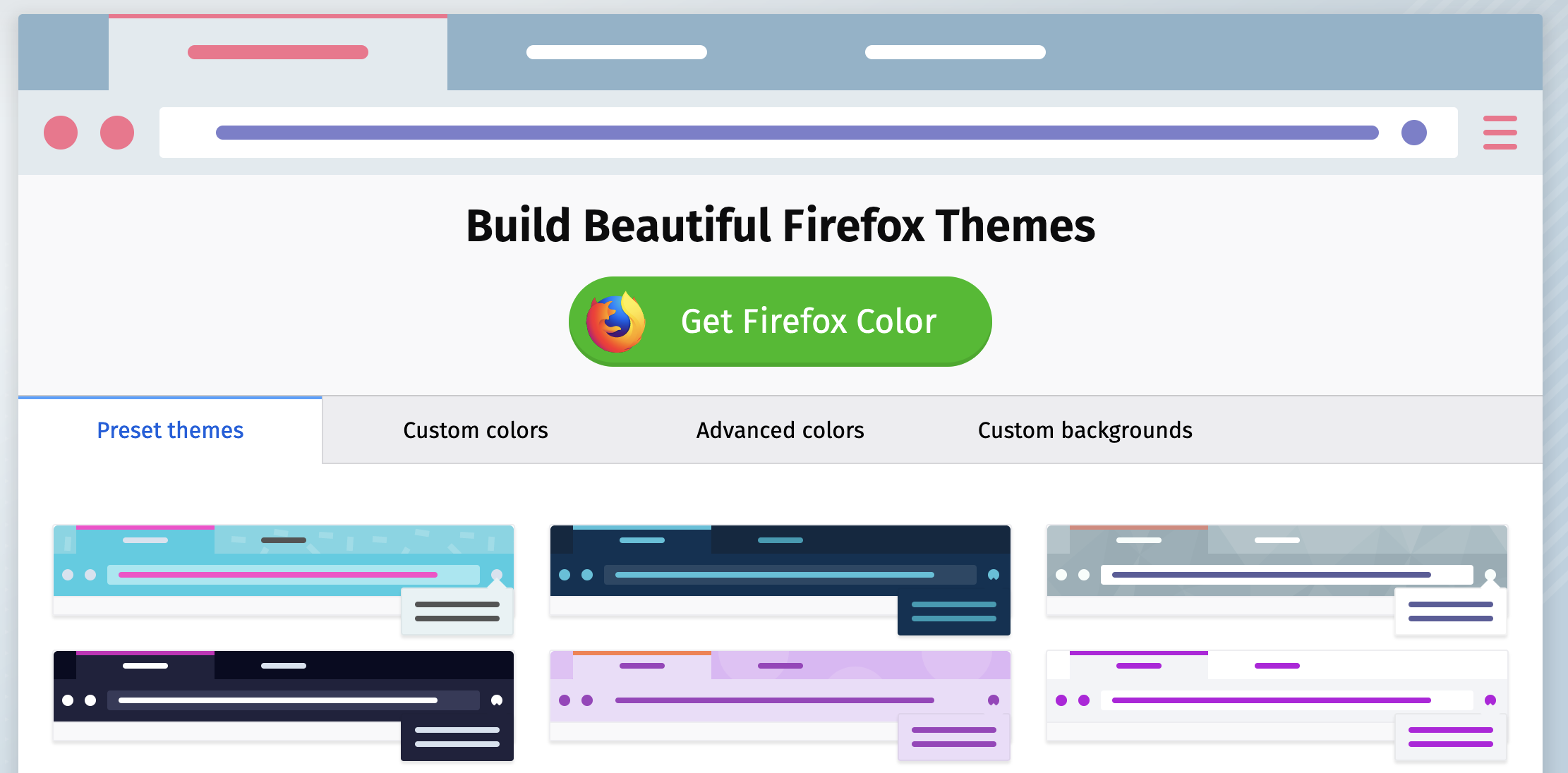 Screenshot of the Firefox Color website, which shows many preset color themes.