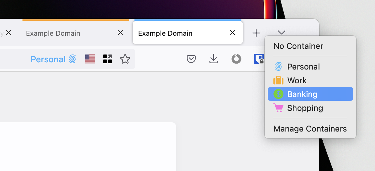 Screenshot of two browser tabs, each marked with a different color because they are running in different containers. Also, a menu is open to choose a container for a new tab. The containers are named Personal, Work, Banking, and Shopping.