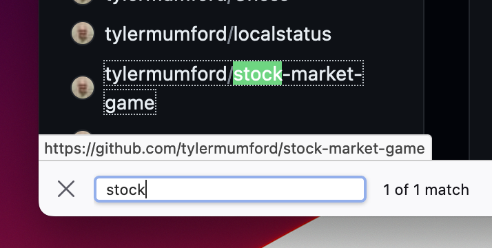 Screenshot of the link search feature in action. The search text is "stock", and it found a link to a "stock market game."