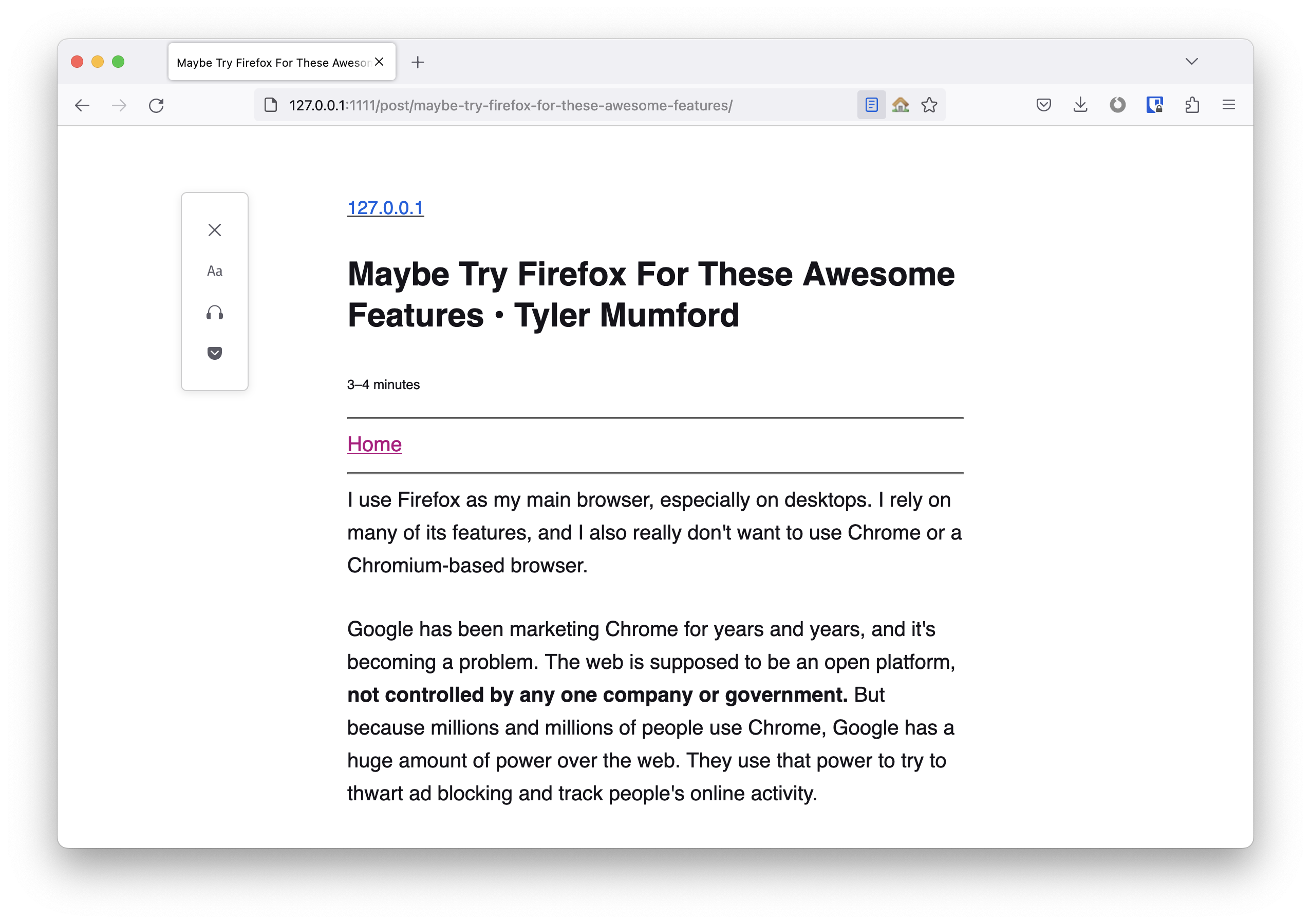 Screenshot of Firefox's reader view displaying this very article!