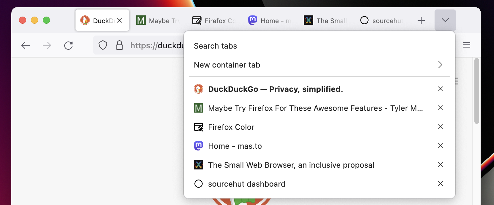 Screenshot of six browser tabs. The tab bar is full, but the tab dropdown shows the full titles of each tab clearly.